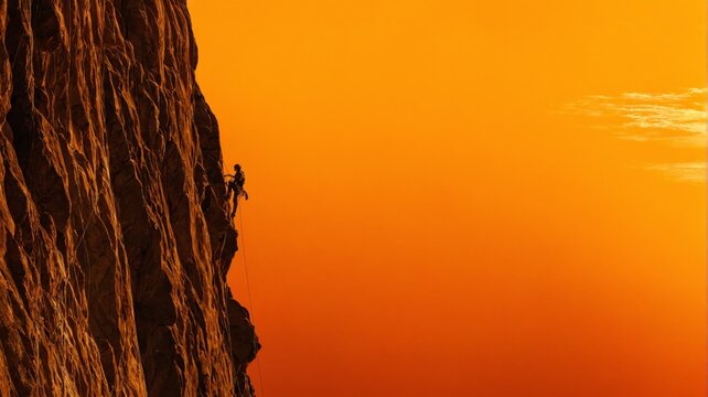 Person rock climbing cliff sunset is wearing harness Rock climbe