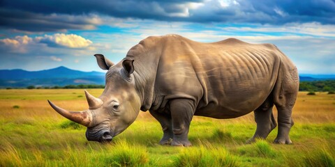 Obraz premium Majestic rhinoceros grazing in the wild, rhino, wildlife, animal, safari, nature, horn, conservation, endangered