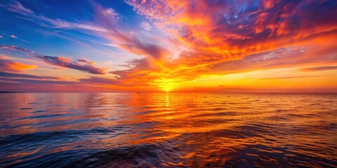 Fototapeta premium Vibrant sunset casting warm hues over calm sea waters, sunset, sea, ocean, horizon, tranquil, peaceful, beautiful, nature