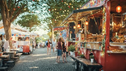 Naklejka premium Red food truck parked cobblestone street outdoor market bustling