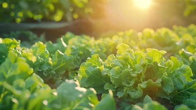 Close-up view of fresh green leafy vegetables growing in a garden under the warm morning sunlight