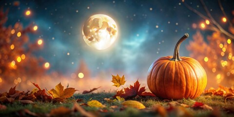 Glowing pumpkin and moon in a magical autumn setting, pumpkin, autumn, moon, glowing, secret, mystery, harvest, illuminated, orange