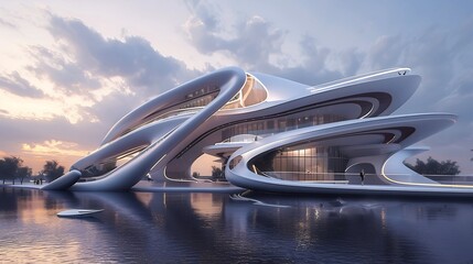 Design a picture of a futuristic building with curved lines and advanced materials, depicting the visionary architecture of tomorrow.