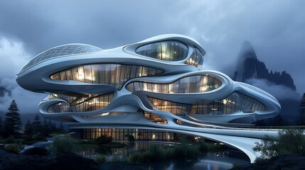 Fototapeta premium Design a picture of a futuristic building with curved lines and advanced materials, depicting the visionary architecture of tomorrow.