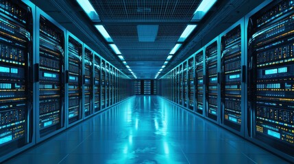 A data center with rows of high-tech servers constantly processing vast amounts of data LED lights indicating activity state-of-the-art cooling systems ensuring optimal performance AI-driven