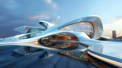 Design a picture of a futuristic building with curved lines and advanced materials, depicting the visionary architecture of tomorrow.