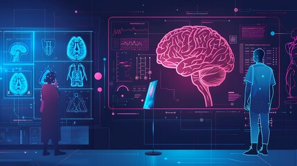 futuristic medical research of brain neural nerve system health care with diagnosis infographic biometrics for clinical hospital x-ray and alzheimer treatment,  banner with copyspace.