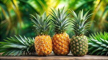 Juicy yellow pineapples with green leaves displayed in a tropical fruit setting , tropical, exotic, pineapple, fruit, vibrant