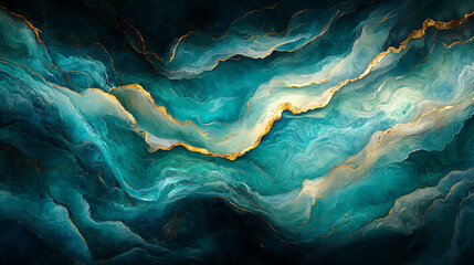 An abstract composition of fluid, wave-like forms in shades of teal, turquoise, and aquamarine.