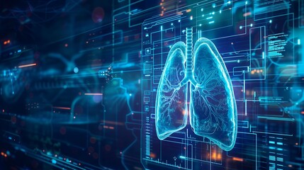 Fototapeta premium futuristic medical research or lungs health care with diagnosis and vitals biometrics for clinical hospital asthma and respiratory cancer and disease tests services as wide banner.