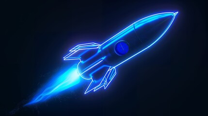 Fototapeta premium Digital rockets launch into outer space. Boosting and taking off career concepts. Abstract spaceship in blue on a technological background. blue neon rocket illustration with 3D effect.