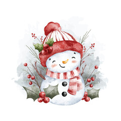 Watercolor Illustration Snowman and Christmas Decoration