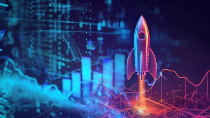 Digital growth up and abstract colorful neon rocket launch on dark blue technology background. Glowing connected dots and lines. Boosting and Rapid growth concepts.