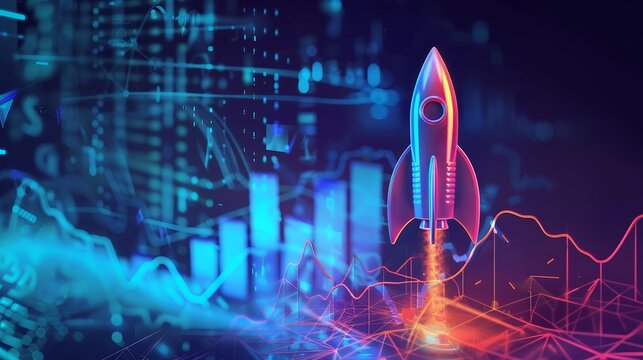 Digital growth up and abstract colorful neon rocket launch on dark blue technology background. Glowing connected dots and lines. Boosting and Rapid growth concepts.