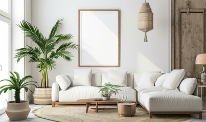 beautiful interior design furniture with mockup poster artwork with border frame interior house template for your design clean minimalist style decoration home interior background ideas