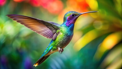 Fototapeta premium Vibrant hummingbird with iridescent feathers flying in a lush tropical garden, tropical, colorful, bird, nature, flight