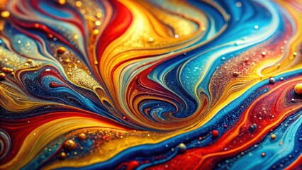 Red, blue, and yellow liquid glitter creating a mesmerizing fluid art pattern, fluid, colorful, vibrant, sparkly, shiny
