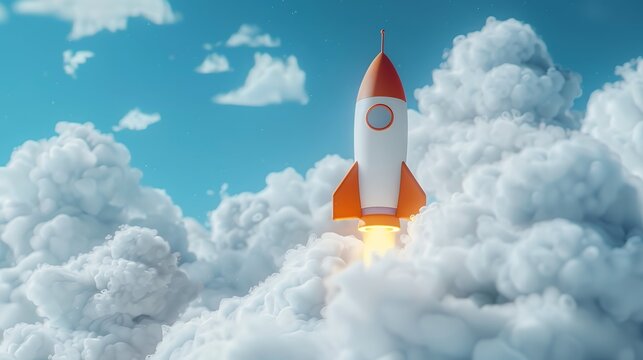 3d illustration rocket with clouds. Toy rocket upswing ,spewing smoke. Startup, space, business concept.