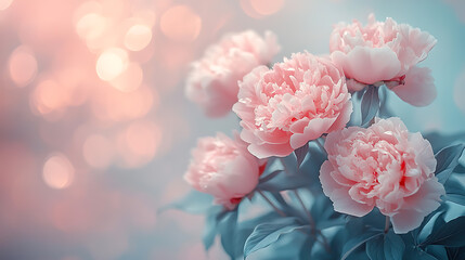 Fototapeta premium An image featuring a bouquet of delicate pink peonies, arranged in a loose, natural style with foliage. 