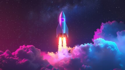 Naklejka premium 3d illustration rocket space colorful holographic in dark background for Business start up and science concept