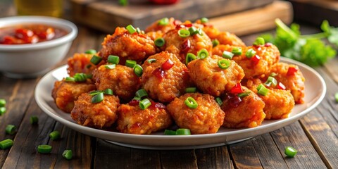 Fototapeta premium Spicy crispy chicken bites served with sweet chili sauce and green onions, Spicy, crispy, chicken, bites