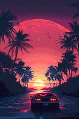 Retro futuristic car driving on a palm tree lined road at sunset.