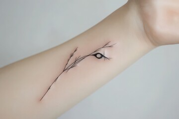 Obraz premium A minimalist tattoo design featuring a delicate branch and an eye on the forearm, showcasing modern body art aesthetics.