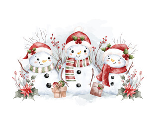 Watercolor Illustration Snowman and Christmas Decoration