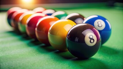A close-up shot of eight billiard balls arranged on a green felt pool table, billiards, pool, cue sports, game
