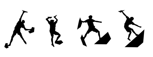 wall climbing, rock climbing, silhouette set. sport, extreme, bouldering. different actions, poses. vector illustration.