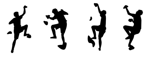 wall climbing, rock climbing, silhouette set. sport, extreme, bouldering. different actions, poses. vector illustration.