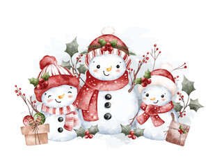 Watercolor Illustration Snowman and Christmas Decoration