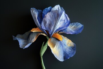 A stunning close-up of a blue iris flower showcasing its vibrant petals and intricate details against a dark background.