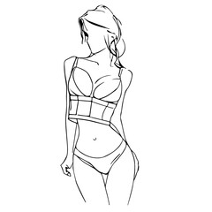 Trendy Line Art Woman Body. Minimalistic Black Lines Drawing. Female Figure Sketch Linear Abstract Drawing. Modern Scandinavian Design. Naked Body Art. Vector Illustration.