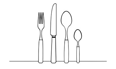 Spoons, Forks, Knife, Eating Utensils Black Line Art Sketch Drawing on White. Cooking Utensils Line Art Style for Logos, Business Cards, Banners. Black and White Minimalist Vector illustration