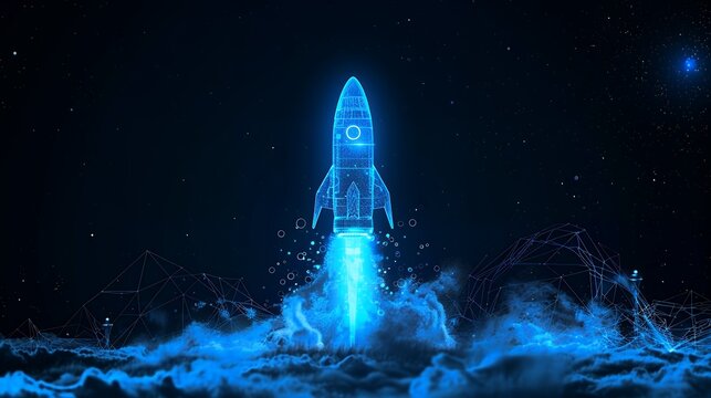 Blue glowing light bulb rocket launch with a wireframe light connection structure. Low poly style design with an abstract geometric background. Isolated  illustration. Modern 3D graphic concept.