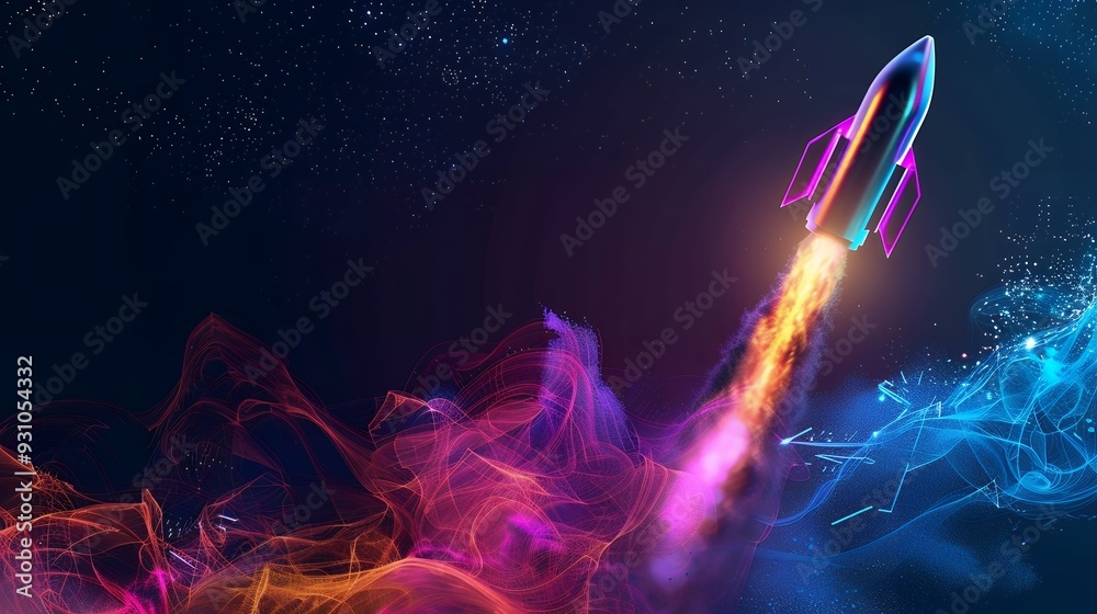 Wall mural 3d illustration rocket space colorful holographic in dark background for business start up and scien