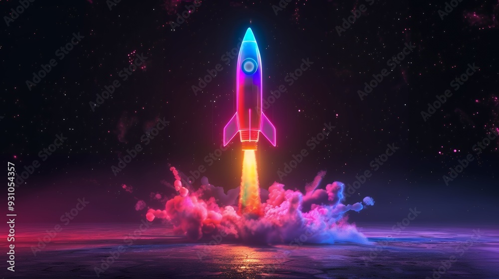 Wall mural 3d illustration rocket space colorful holographic in dark background for business start up and scien