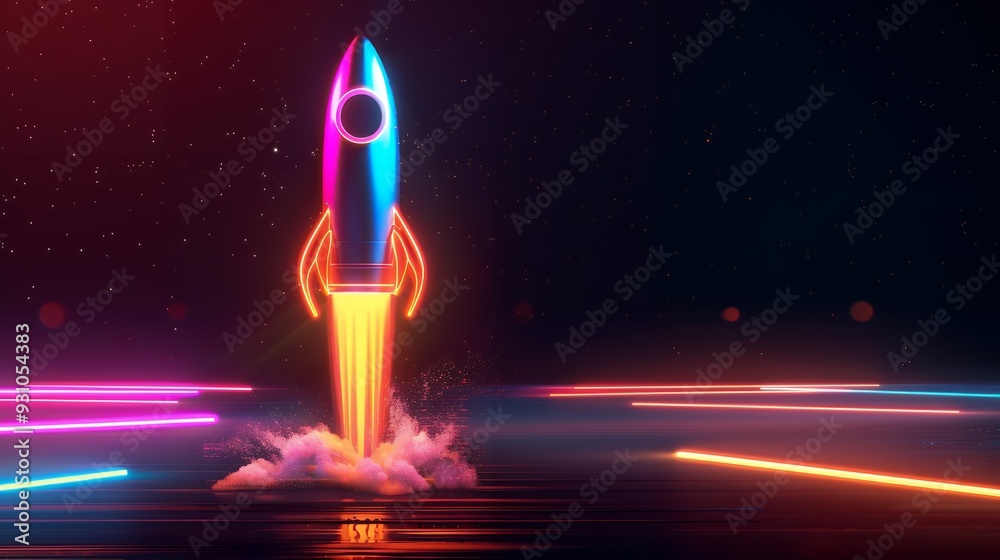 Wall mural 3d illustration rocket space colorful holographic in dark background for business start up and scien