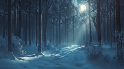 Naklejka premium Enchanted Winter Forest Under the Moonlight