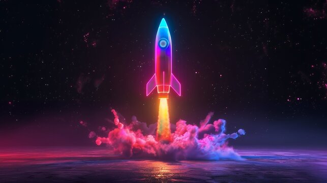 3d illustration rocket space colorful holographic in dark background for Business start up and science concept