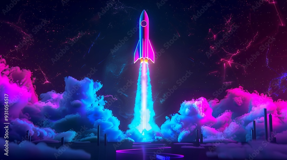 Wall mural 3d illustration rocket space colorful holographic in dark background for business start up and scien