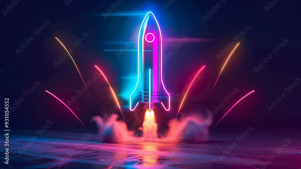 Wall mural 3d illustration rocket space colorful holographic in dark background for business start up and scien