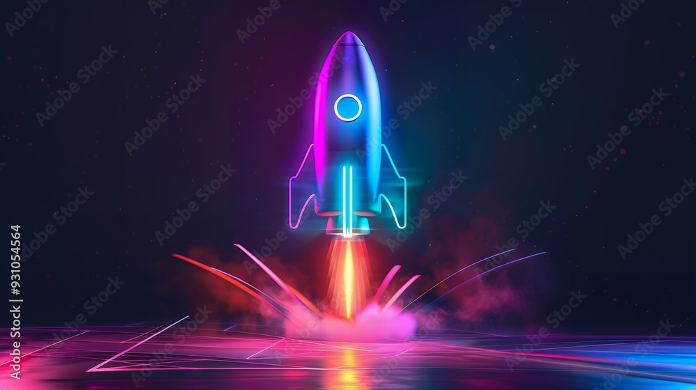Wall mural 3d illustration rocket space colorful holographic in dark background for business start up and scien