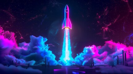 3d illustration rocket space colorful holographic in dark background for Business start up and science concept