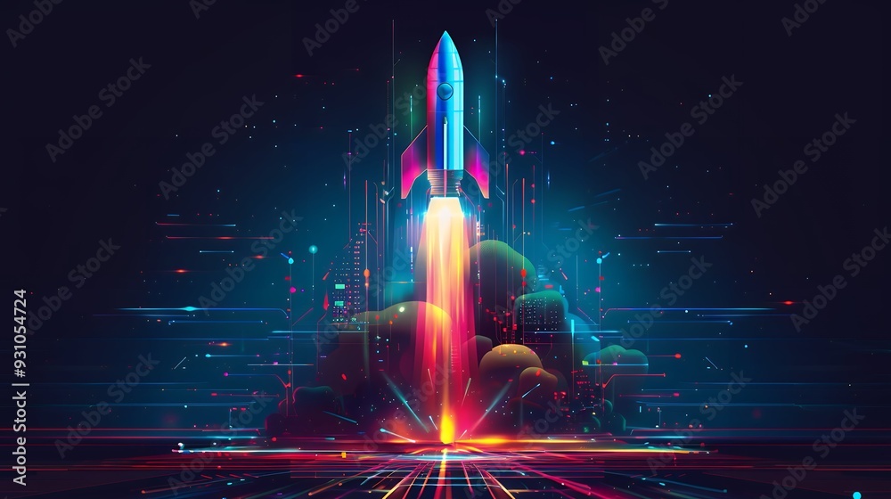 Wall mural 3d illustration rocket space colorful holographic in dark background for business start up and scien