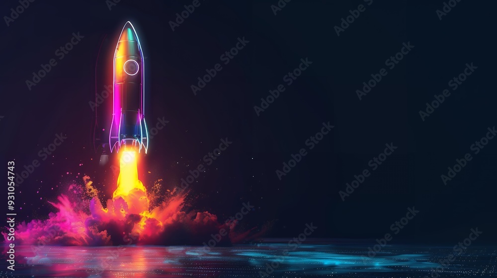 Wall mural 3d illustration rocket space colorful holographic in dark background for business start up and scien