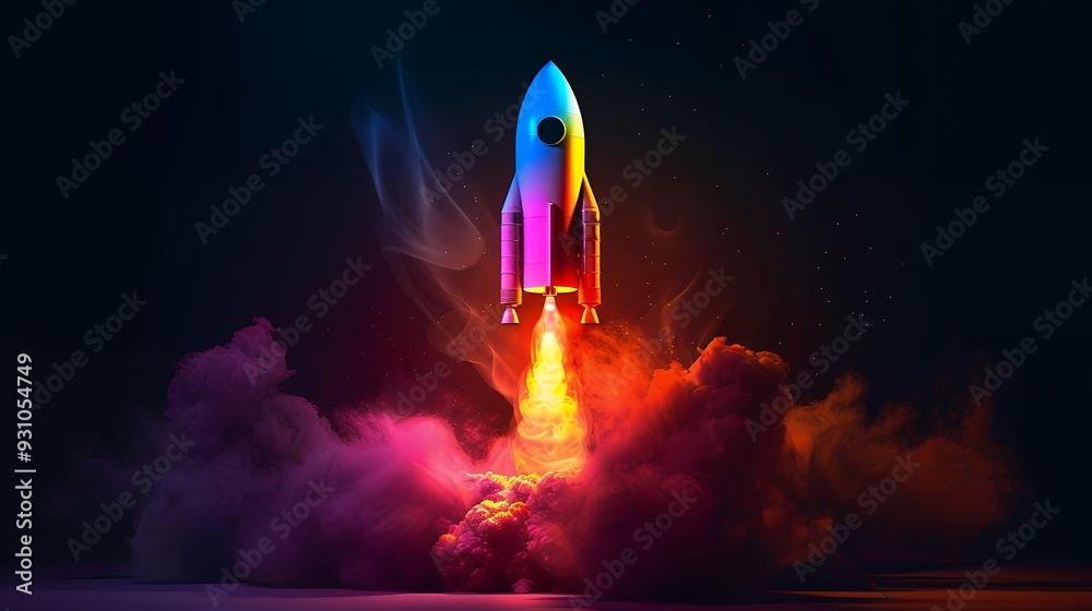 Wall mural 3d illustration rocket space colorful holographic in dark background for business start up and scien
