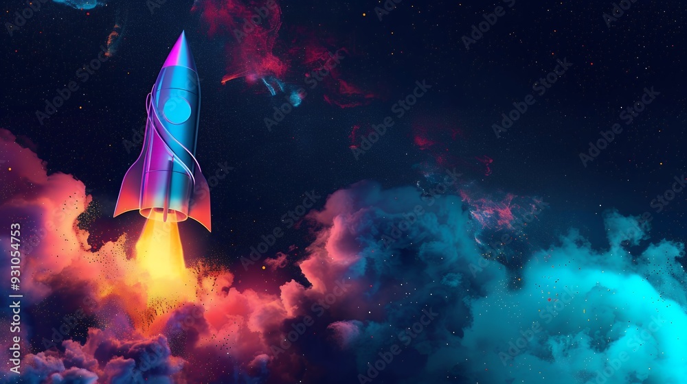 Wall mural 3d illustration rocket space colorful holographic in dark background for business start up and scien
