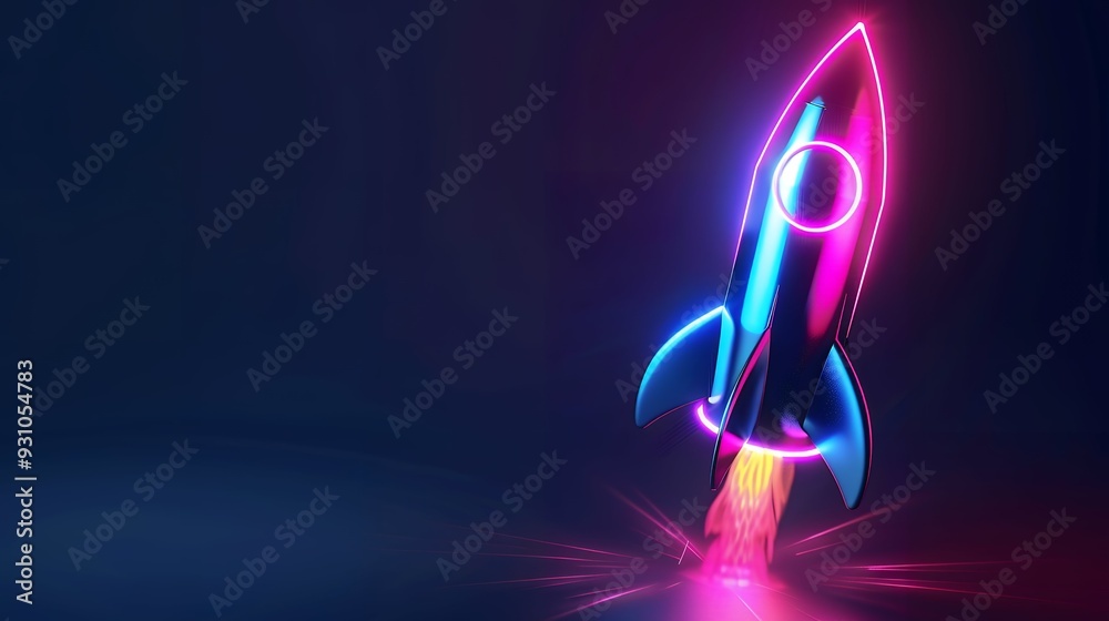 Wall mural 3d illustration rocket space colorful holographic in dark background for business start up and scien